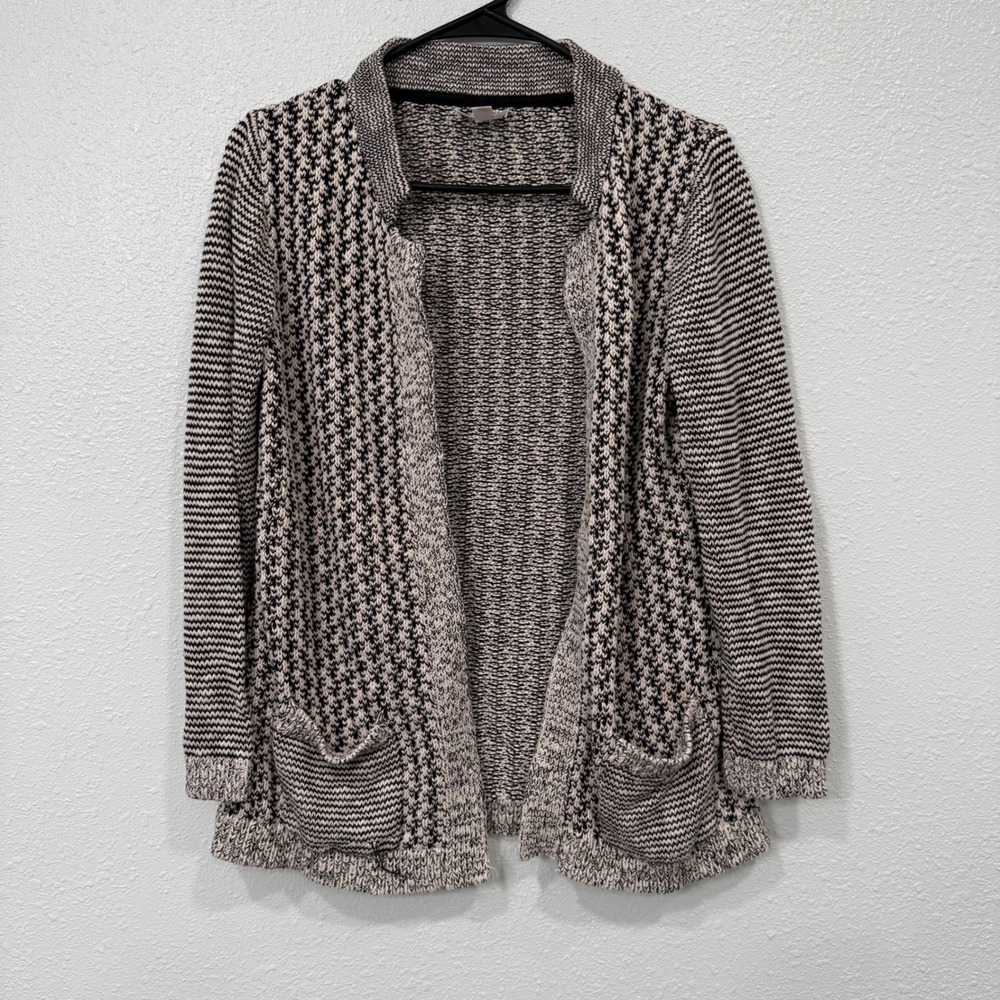 Market Spruce Black White Geometric Knit Open Front Cardigan Sweater Women M